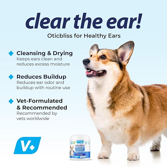 VETNIQUE Oticbliss Advanced Cleaning Ear Wipes for Dogs & Cats for Odor Control, Dirt and Wax Removal with Soothing Aloe Vera, Drying Agent and Vitamin E, Clear the Ear 100ct Wipes