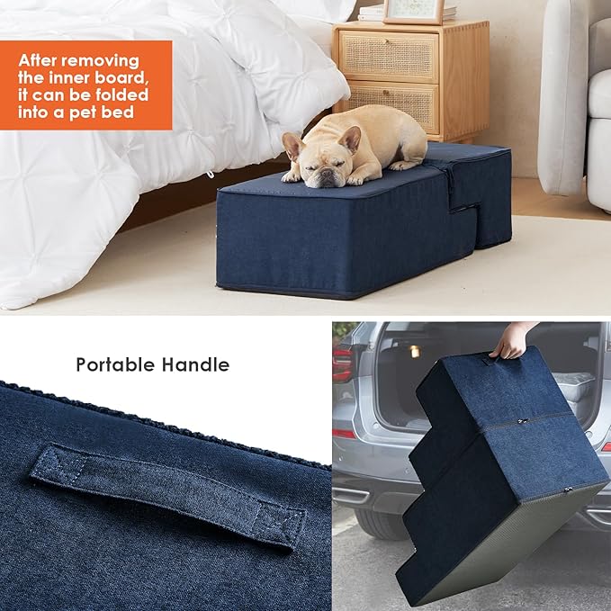 EHEYCIGA Dog Stairs for Bed 20”H, 4-Step Extra Wide Extra Wide Dog Steps for High Bed, Pet Steps for Small Dogs and Cats, Non-Slip Balanced Dog Indoor Ramp, Navy Blue