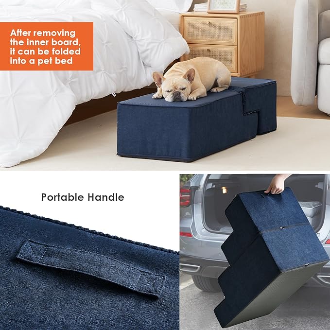 EHEYCIGA Dog Stairs for Bed 20”H, 4-Step Extra Wide Extra Wide Dog Steps for High Bed, Pet Steps for Small Dogs and Cats, Non-Slip Balanced Dog Indoor Ramp, Navy Blue