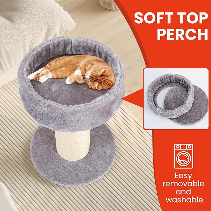 Cat Scratching Post Bed，Tall Cat Scratcher for Indoor Cats with Super Thick Nature Sisal Scratching Post [Dia=6'']， Removable Fluffy Cat Bed for Kitten & Adult Cats (Gery, L)