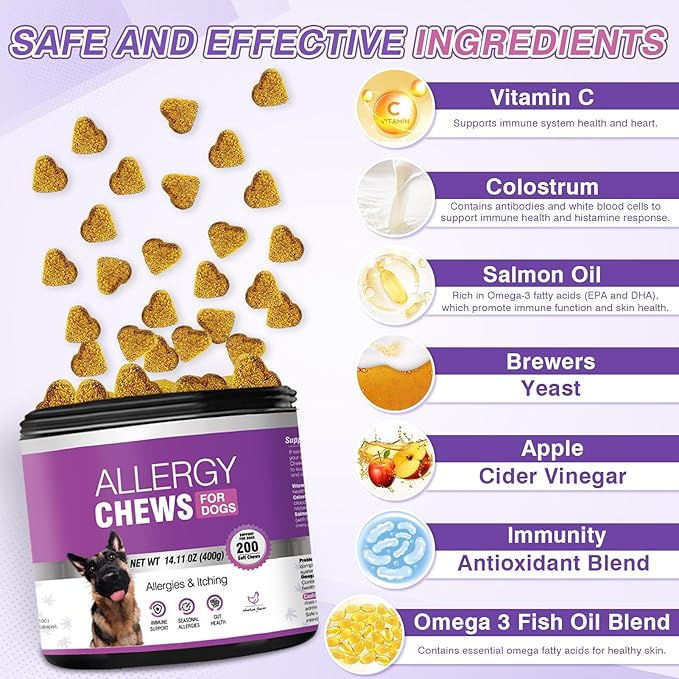 Dog Allergy Chews 200PCs - Dog Allergy and Itching Skin Relief Anti Itch Aller Immune Bites for Dogs Itching Itchy Paw Relief Itch Allergy Probiotics Support Chew Vitamins for Skin and Coat Allergies