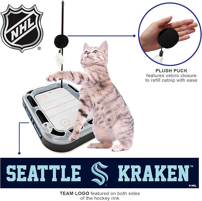 Pets First Cat Scratching Toy Hockey Field ICE Hockey Rink Cat Scratcher Toy with Interactive Cat Ball Bell in Tracks. 5-in-1 CAT Toy: Cat Wand Poll, Catnip Filled Plush Hockey Puck & Feathers