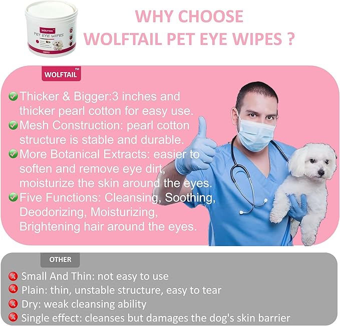 Dog Eye Wipes, Tear Stain Remover for Dogs & Cats - 100pcs Remove Eye Discharge and Crust - Coconut Oil Pet Cleaning Grooming Deodorizing Wipes for Eyes/Face, Natural and Non-Irritating