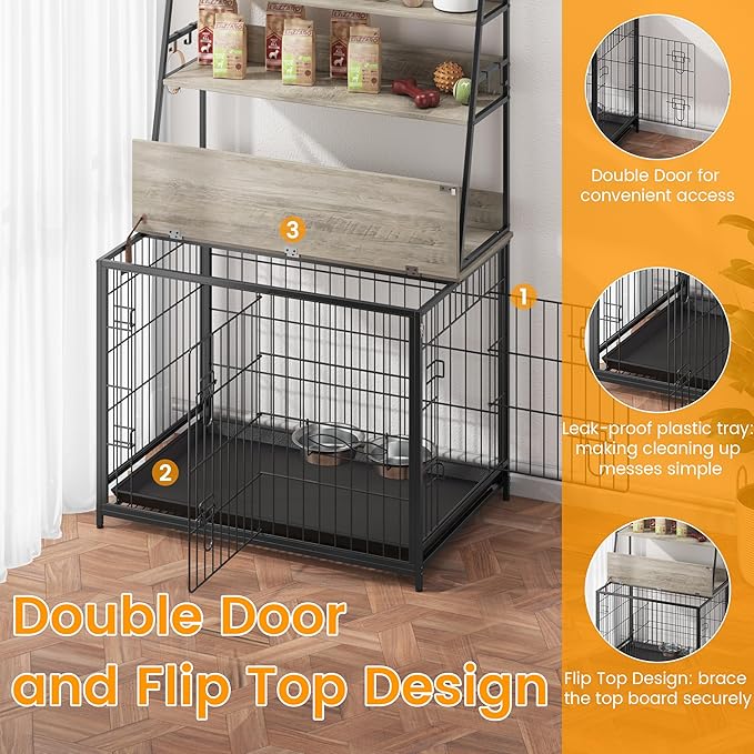 GAOMON Dog Crate Furniture with Storage Shelves, Wooden Dog Kennel with Removable Tray,Double Doors Modern Dog Crate,Indoor Dog House with Two Adjustable Stainless Steel Bowls,End Table Dog Cage,Grey