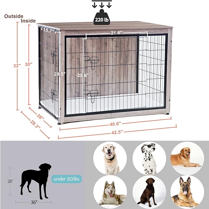 DWANTON Dog Crate Furniture with Cushion, XL Wooden Dog Crate with Double Doors, Large Dog Crate Furniture, Dog Kennel Indoor, Dog House, Extra Large, 43.3" L, Greige