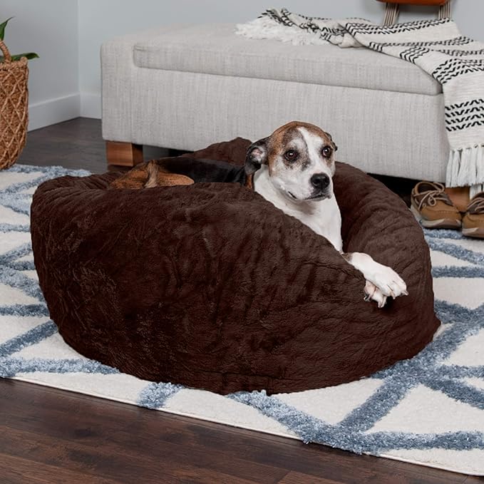 Furhaven Soft & Cozy Dog Bed for Large/Medium Dogs, Refillable w/ Removable Washable Cover & Liner, For Dogs Up to 55 lbs - Plush Faux Fur Bean Bag Style Ball Bed - Espresso, Large