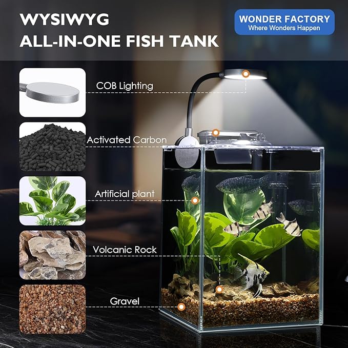 Fish Tank Aquarium 1.5 Gallon AIO Starter Kit, Including HD Float Glass Small Fish Bowl, Self-Cleaning Filter, light, Rocks, Gravel, Plants, Cleaning Tool Set.Beginner's Gift for Snails, Guppy, Shrimp