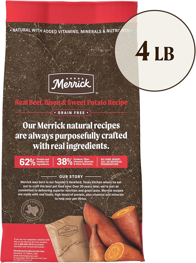 Merrick Premium Grain Free Dry Adult Dog Food, Wholesome And Natural Kibble With Beef, Bison And Sweet Potato - 4.0 lb. Bag