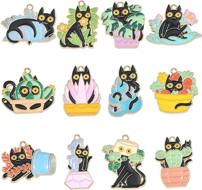 LiQunSweet 24 Pcs 12 Styles Enamel Halloween Themed Animal Charms Black Cat with Potted Plant Bonsai Succulent Cactus Charms for DIY Jewelry Making
