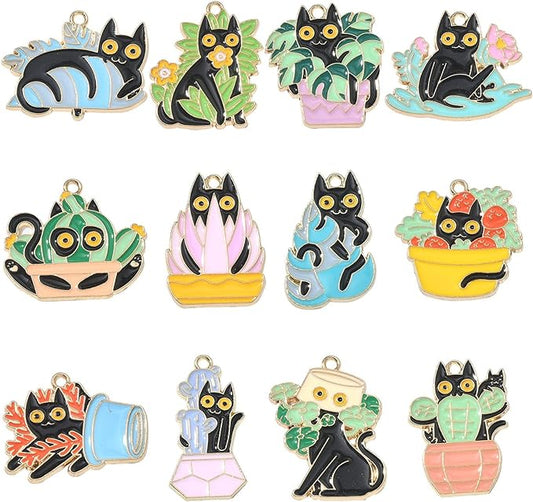 LiQunSweet 24 Pcs 12 Styles Enamel Halloween Themed Animal Charms Black Cat with Potted Plant Bonsai Succulent Cactus Charms for DIY Jewelry Making