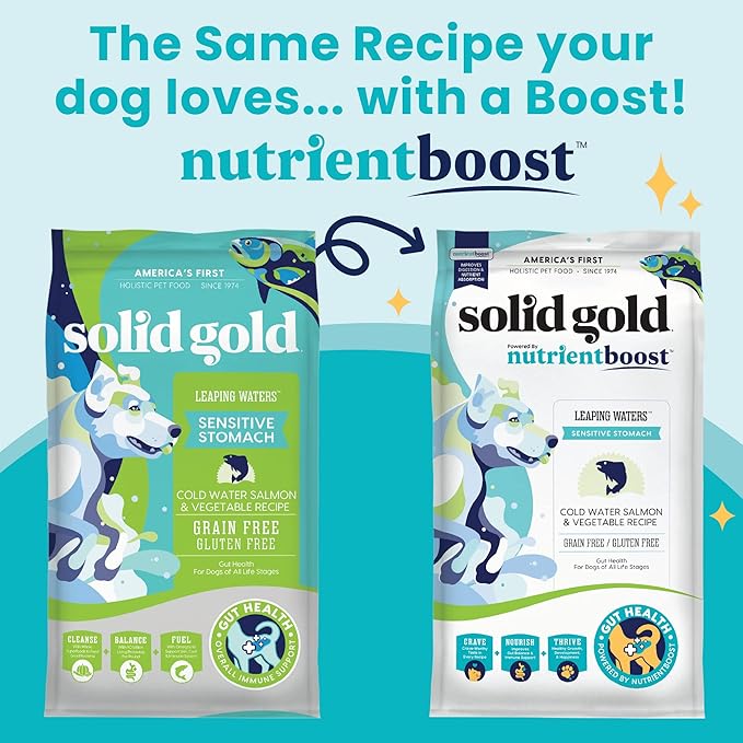 Solid Gold Nutrientboost Leaping Waters - Dry Dog Food for Sensitive Stomach - w/Salmon & Vegetables - Digestive Probiotics for Gut Health - Superfood & Antioxidant Support for Dogs - 3.75 LB Bag