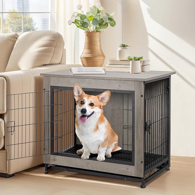 Shintenchi Wooden Dog Crate Furniture, Double-Doors Kennel Indoor with Removable Tray, End Table Dog Crate for Decoration, 32" L*22" W*25" H, Grey