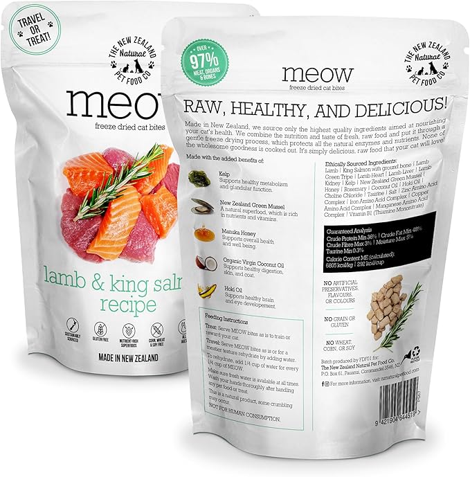 Meow Lamb & King Salmon Freeze Dried Raw Cat Food, Mixer, or Topper, or Treat - High Protein, Natural, Limited Ingredient Recipe 1.76 oz