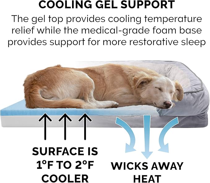 Furhaven Cooling Gel Dog Bed for Large Dogs w/ Removable Bolsters & Washable Cover, For Dogs Up to 95 lbs - Plush & Velvet Waves Perfect Comfort Sofa - Granite Gray, Jumbo/XL, 40.0"L x 32.0"W x 9.5"Th