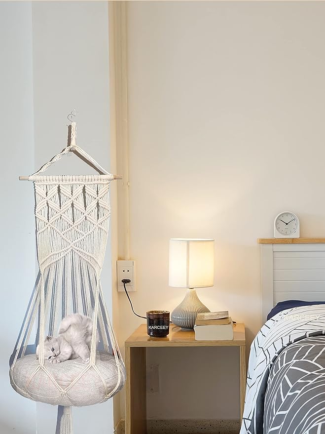 Macrame Cat Hammock,Macrame Hanging Cat Bed with Catnip Cushion and Hanging Kit (1.Macrame Hammock with Cat Bed)