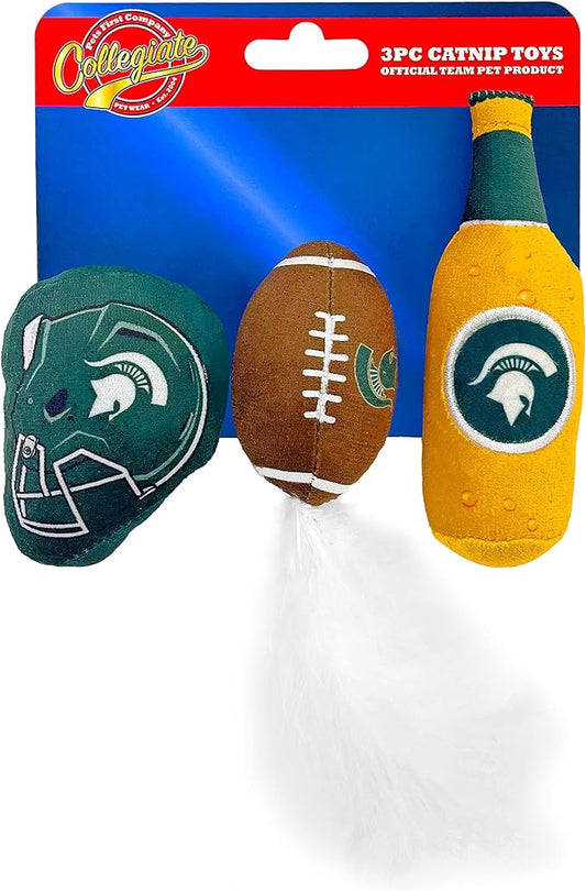 BEST PLUSH CAT TOY: NCAA MICHIGAN STATE SPARTANS Complete Set of 3 piece Cat Toys filled with Fresh Catnip. Includes: 1 Helmet Cat Toy, 1 Football Cat Toy with Feathers & 1 Beer Bottle. With Team LOGO