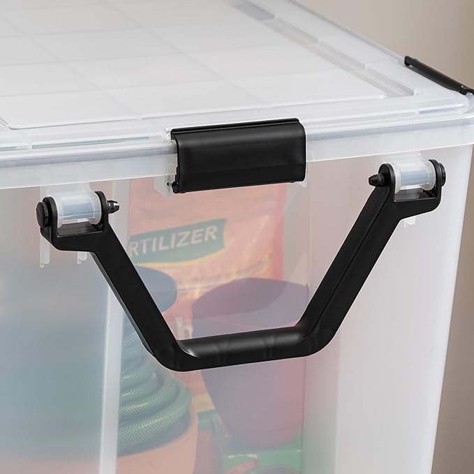 IRIS USA 103 Qt Storage Box with Gasket Seal Lid, 2 Pack - BPA-Free, Made in USA - Heavy Duty Moving Containers with Tight Latch, Weather Proof Tote Bin, WEATHERPRO - Clear/Black