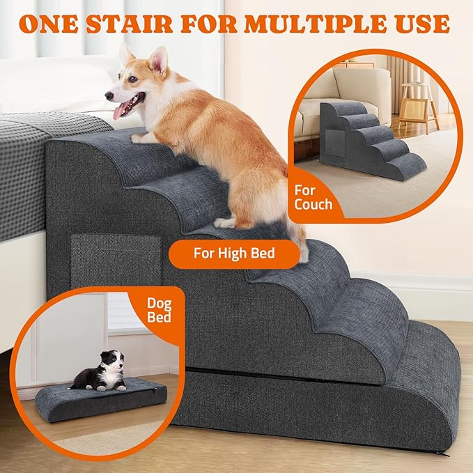 Dog Stairs for High Bed: Foam Pet Stairs for Dogs to Get on Bed Couch, 24" Tall Dog Steps for Small Dogs, Cat Stairs for Old Cats with Side Pockets, Detachable Dog Bed, 6 Tiers, Grey