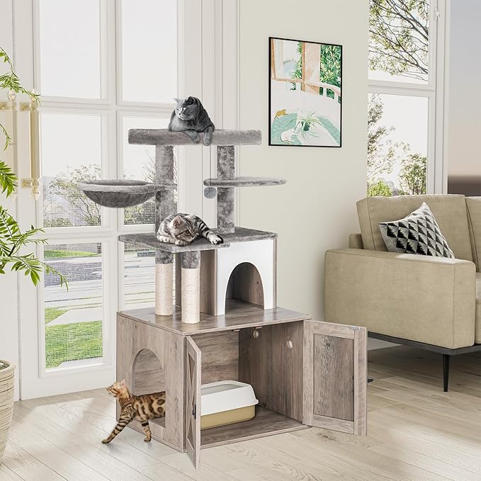 Snughome Cat Litter Box Enclosure with Cat Tree Tower and Condo, Hidden Cat Washroom Furniture with Sisal Scratching Post and Soft Plush Perch, Wooden Cat Furniture with Multiple Platforms, Grey