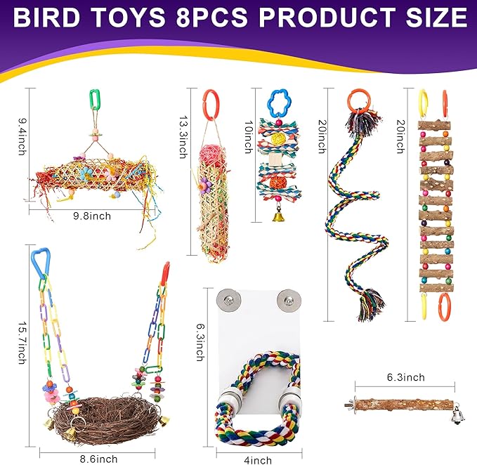 Bird Parakeet Toys 8PCS - Parrot Cage Accessories Chewing Stuff, Natural Woven Climbing Perch Nest, Chewing Toys for Budgerigars, Conure, Cockatiel, Finch, Lovebirds, and Medium, Small Birds