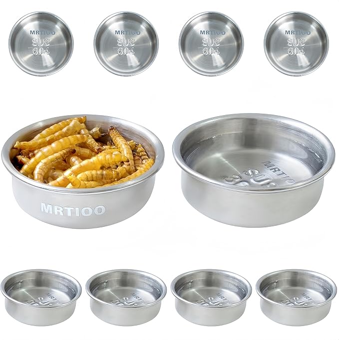 0.5oz Feeding Cups 10pcs, Stainless Steel 304 SUS Metal, Reptile Food Bowls and Water Dish, for Crested Gecko, Lizard Or Other Small Pet Feeder Ledge Accessories Supplies