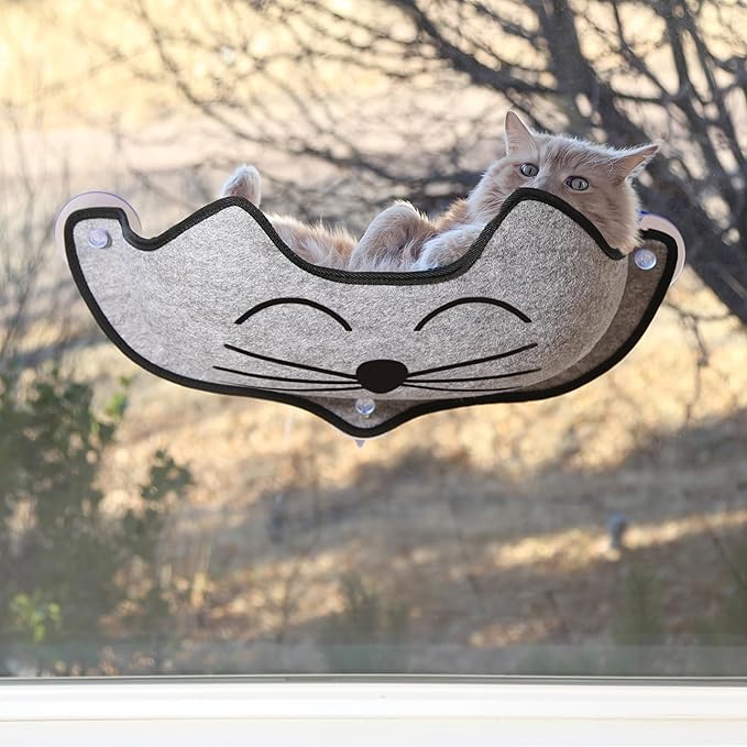 K&H Pet Products EZ Mount Window Mounted Cat Bed, Cat Window Hammock, Sturdy Cat Window Perch, Cat Window Bed Cat Furniture - Gray Kitty Face Window Bed