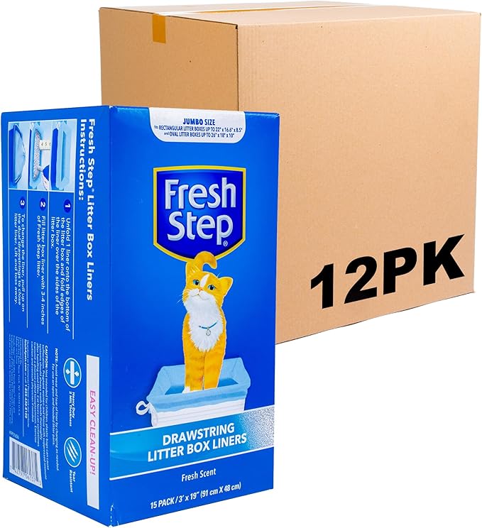 Fresh Step Drawstring Cat Litter Box Liners, Fresh Scent, Size Jumbo, 36" x 19" | Kitty Litter Bags - Cat Litter Liners for Rectangle or Oval Large Litterboxes, 15 Count - 12 Pack