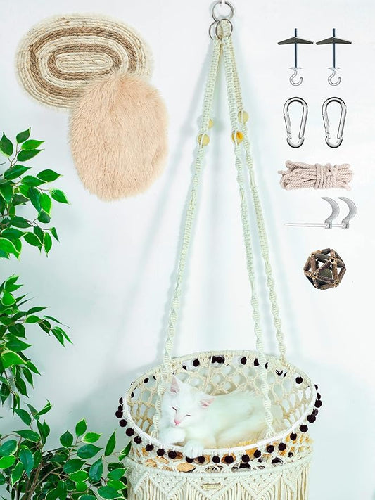 Cat Macrame Hammock for Larger Cats,Hanging Cat Bed Chair Boho Cat Swing Bed with Catnip Cushion and Scratching Mat