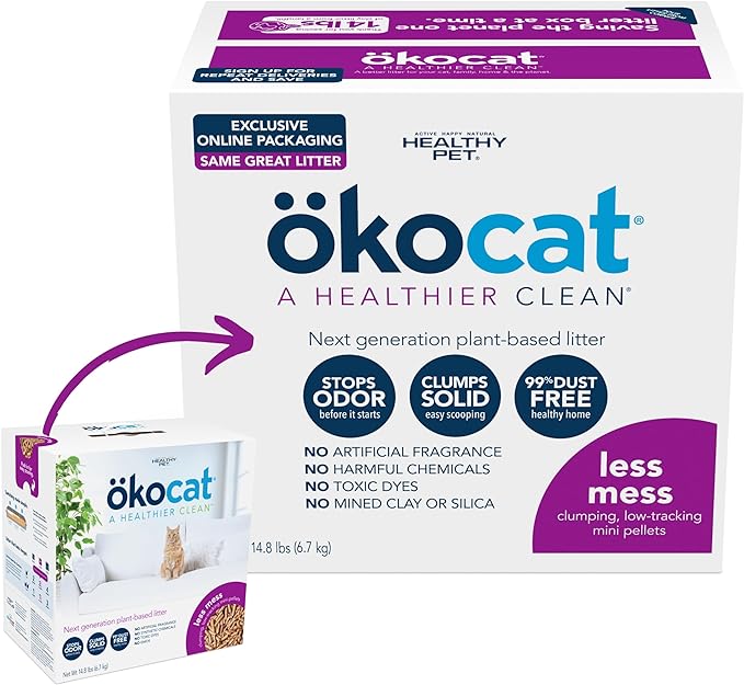 ökocat Less Mess Natural Wood Clumping Cat Litter Mini-Pellets, Great for Long-Hair Breeds, Medium, 14.8 lbs. (Packaging may vary)