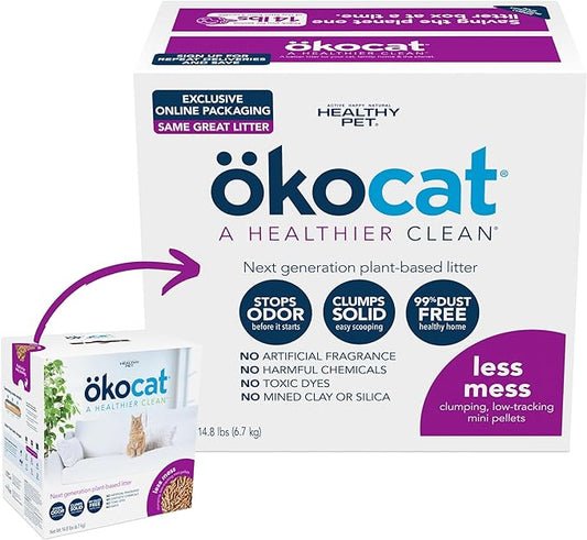 ökocat Less Mess Natural Wood Clumping Cat Litter Mini-Pellets, Great for Long-Hair Breeds, Medium, 14.8 lbs. (Packaging may vary)