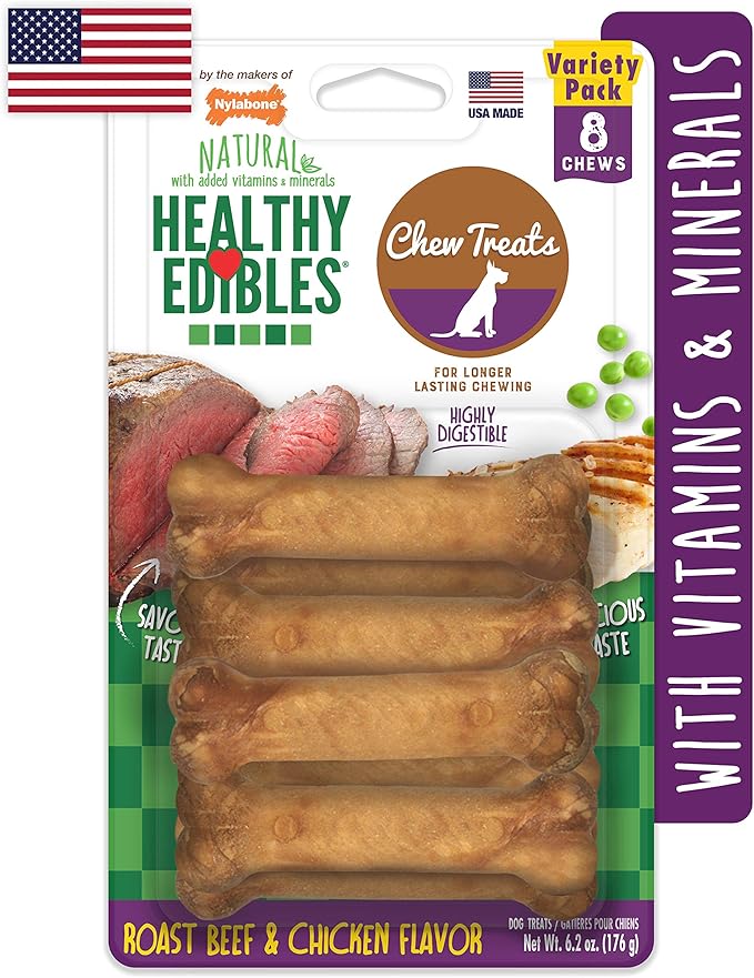 Nylabone Healthy Edibles Natural Dog Chews Long Lasting Chew Treats for Dogs, Roast Beef & Chicken Flavor, X-Small/Petite (8 Count)