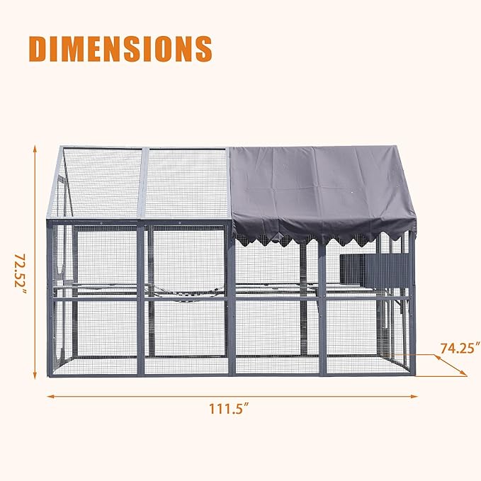 110 Inch Large Catio Outdoor Cat Enclosures Kitten Playpen w/ 2 Napping Houses, Walk-in Kitty Kennel Condo Shelter, Luxury Pet-House with Platforms,Upgrade Waterproof Roof