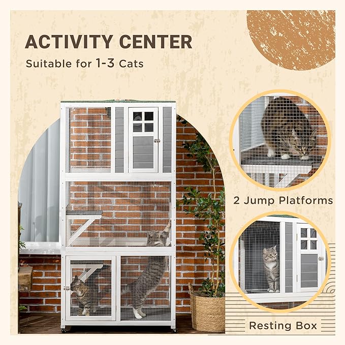 74 Inch Wooden Catio Outdoor Cat Enclosure on Wheels, Luxury Kitty-House with Resting House, 2 Jumping Platforms & Weatherproof Asphalt Roof, Kitty Condo Cage Shelter Playpen