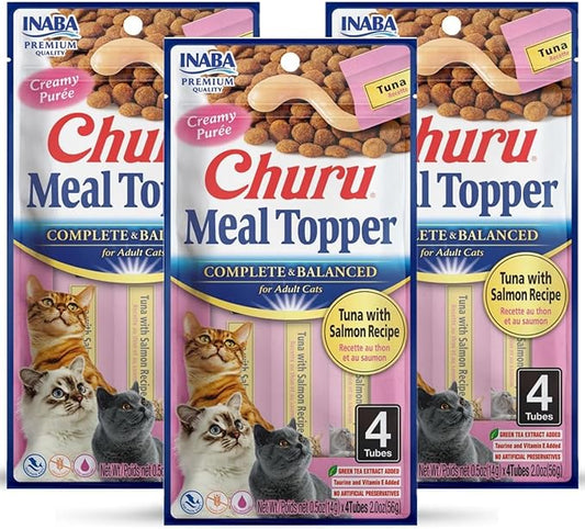 INABA Churu Meal Topper for Cats, Complete & Balanced, Creamy, Lickable Purée Cat Food Topper, 0.5 Ounce Tube, 12 Tubes (4 per Pack), Tuna with Salmon Recipe