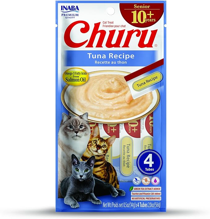 INABA Churu for Senior 10+, Creamy Lickable Cat Treats with Taurine, Vitamin E & C, 0.5 ounces Each, 24 Tubes (4 per Pack), Tuna Recipe