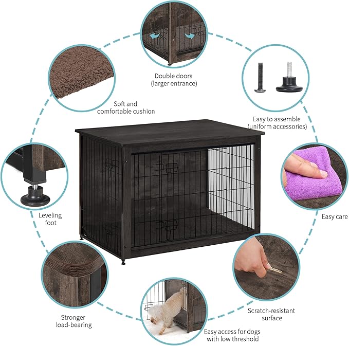 DWANTON Dog Crate Furniture with Cushion, Large Wooden Dog Crate with Double Doors, Dog Furniture, Indoor Dog Kennel, End Table, Large, 38.5" L, Dark Grey