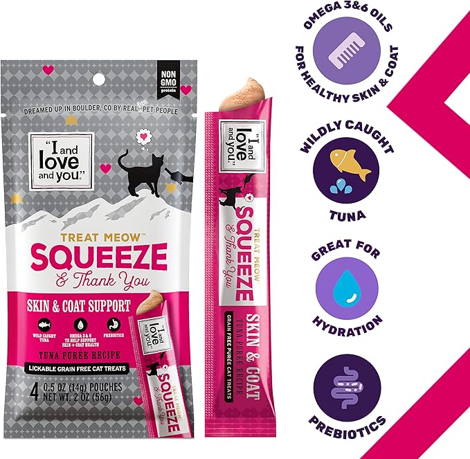 I AND LOVE AND YOU Treat Meow Lickable Cat Treats - Tuna Puree - Skin and Coat Support, Squeeze Treat, Omega 3s, 0.5oz, 4ct
