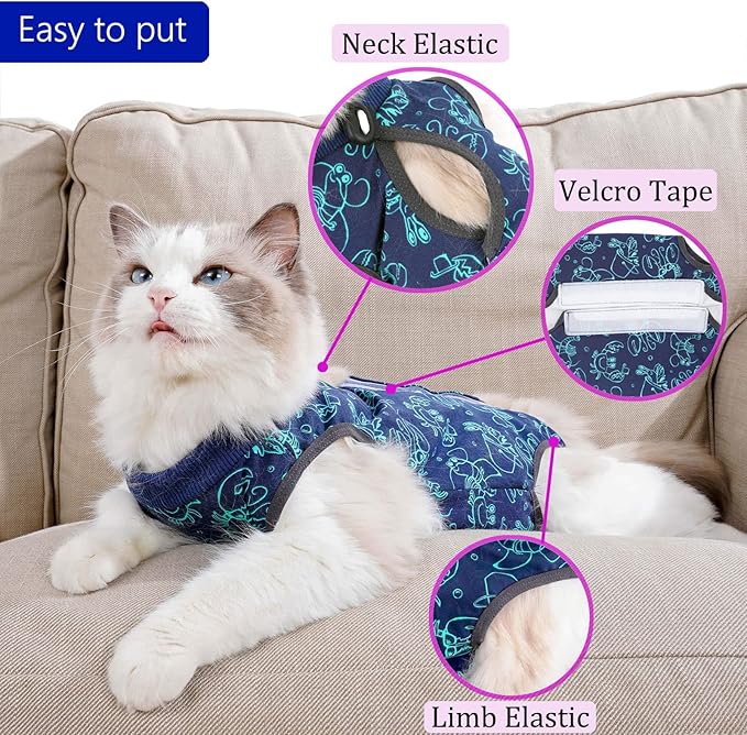 Cat Surgery Recovery Suit Cat Onesie for Cats After Surgery for Surgical Abdominal Wound Or Skin Diseases E-Collar Alternative Wear Cat Neutering Bodysuit Wear (Dark-blue-S)