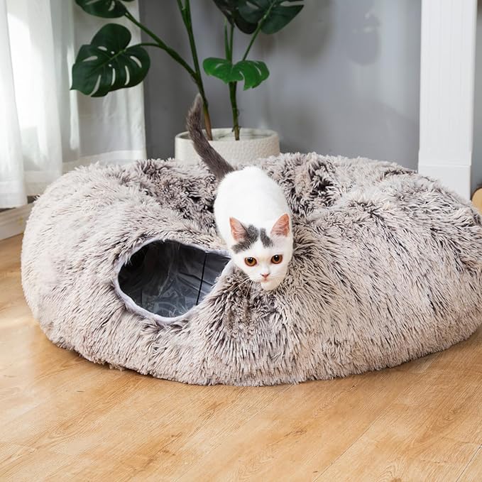 LUCKITTY Warm Fluffy Plush Cat Dog Tunnel Bed with Washable Cushion-Big Tube Playground Toys 3 FT Diameter Longer Crinkle Collapsible 3 Way, for Indoor Cat Kitty Kitten Puppy Rabbit Ferret Brown