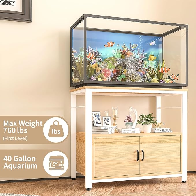 Fish Tank Stand Metal Aquarium Stand with Cabinet Accessories Storage 40-50 Gallon, Double Layer Metal with Storage Weight Capacity 760lbs, White Walnut Brown