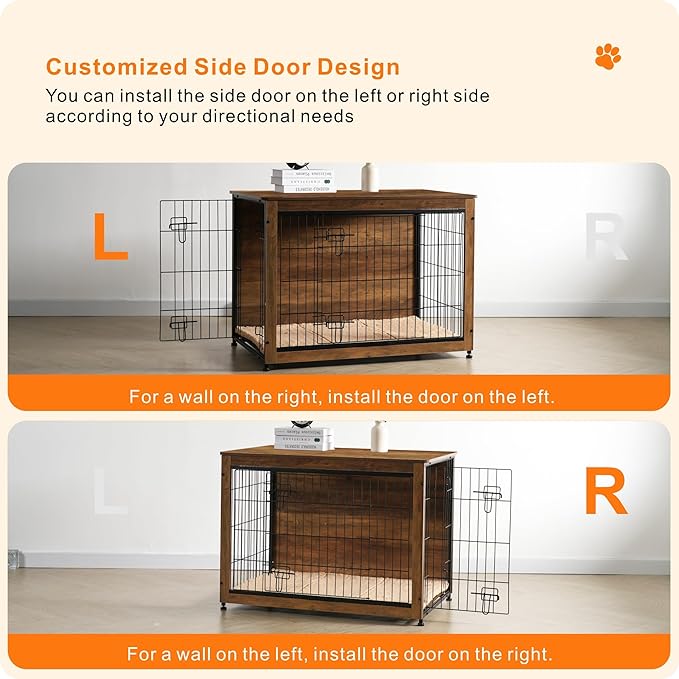 DWANTON Dog Crate Furniture with Cushion, Large Wooden Dog Crate with Double Doors, Dog Furniture, Indoor Dog Kennel, Dog House, Large, 38.5" L, Warm Brown