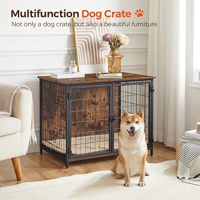 Dog Crate Furniture with Cushion, Wooden Dog Kennel with Double Doors, Heavy Duty Dog Cage for Small/Medium/Large Dogs, Indoor Dog House End Table, 31.5" L, Rustic Brown DCHR0701Z1