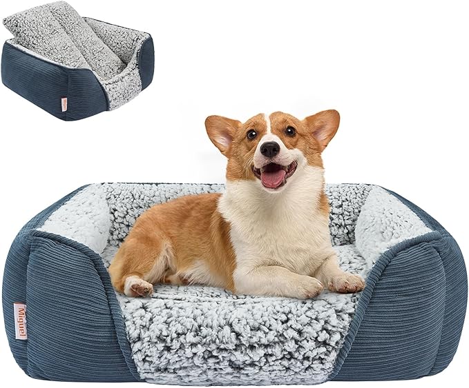 Miguel Washable Dog Bed with Removable Cushion for Medium Small Dogs, Easy to Wash Pet Sofa Bed with Side, Rectangle Bolster Cat Bed Calming Cuddle Puppy Bed with Anti-Slip Bottom, Blue 30 Inch