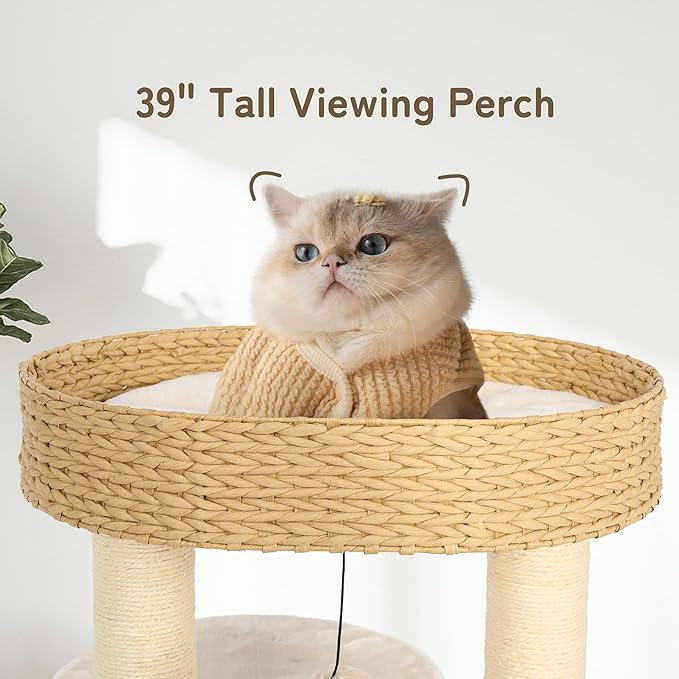 KAMABOKO Modern Cat Tree, Cat Tree for Indoor Cats w/Natural Sisal Scratching Posts, Hand-woven Condo & Top Perch, 39" Tall Cat Tree for Kittens Climb Play & Rest