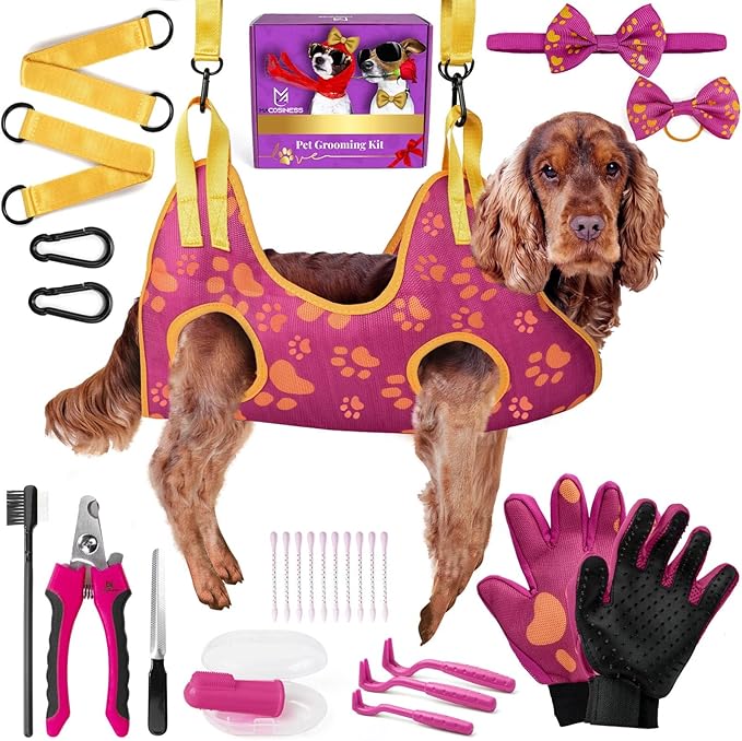 Pet Grooming Hammock for Nail Trimming - Complete Groomers Helper Set for Pet - Dog Grooming Hammock with Hook - Cat Nail Clipper - Dog Hammock for Nail Clipping (L, Purple with gold paws)