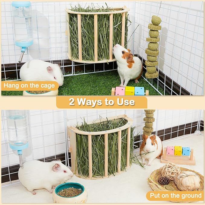 2PCS Guinea Pig Hay Feeder Wooden Rabbit Hay Feeder Big Volume Bunny Hay Holder Hanging Hay Rack with Instructions Guinea Pig Cages Accessories for Chinchilla and Ferret, Rabbit Cage Accessories