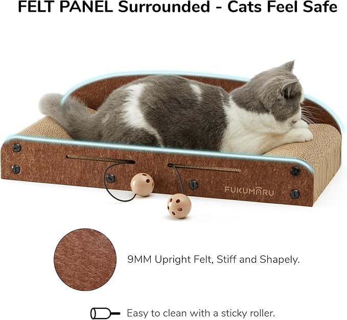 FUKUMARU 21 Inch Cat Scratcher Cardboard, Cat Lounger, Durable Cat Scratcher Bed Large Lounger with Bell Ball Toy, Recyclable Cat Scratching Pads for Indoor Cats, Cat Scratch Bed Cardboard