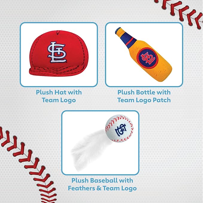 BEST PLUSH CAT TOY MLB ST LOUIS CARDINALS Complete Set of 3 piece Cat Toys filled with Fresh Catnip. Incl: 1 Baseball Cap Cat Toy, 1 Baseball Cat Toy with Feathers & 1 Beer Bottle. Beautiful Team LOGO