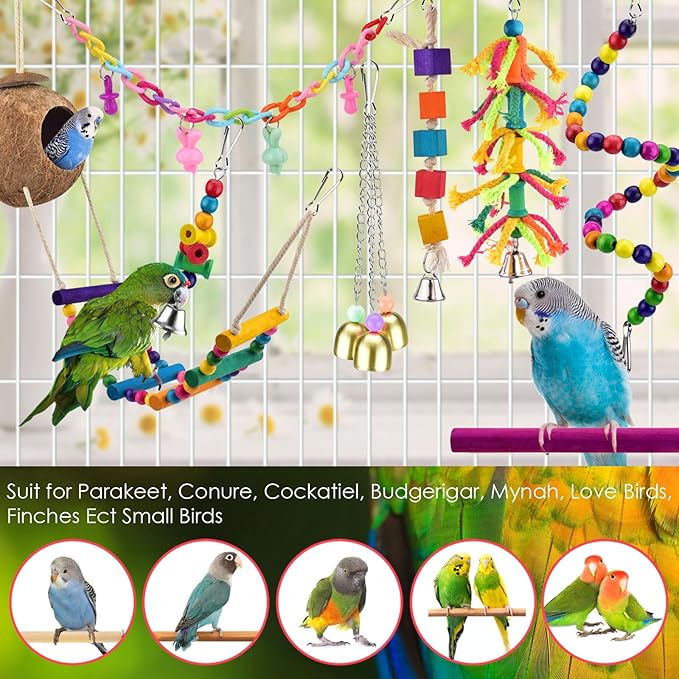 KATUMO Bird Toys, Parrot Swing Parakeet Ladder Conure Wood Perch Bird Chew Toys Cockatiel Hanging Bell Toys for Parakeet, Conure, Cockatiel, Mynah, Love Birds, Finch, Small Pet Birds