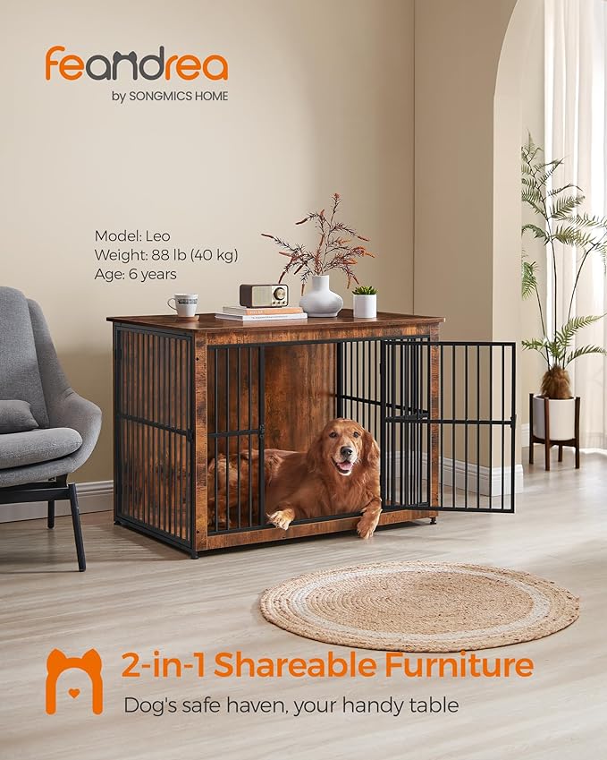 Feandrea Dog Crate Furniture, Side End Table, Modern Kennel for Dogs Indoor up to 80 lb, Heavy-Duty Dog Cage with Enclosed Base, Double-Door Dog House, Rustic Brown UPFC024X01